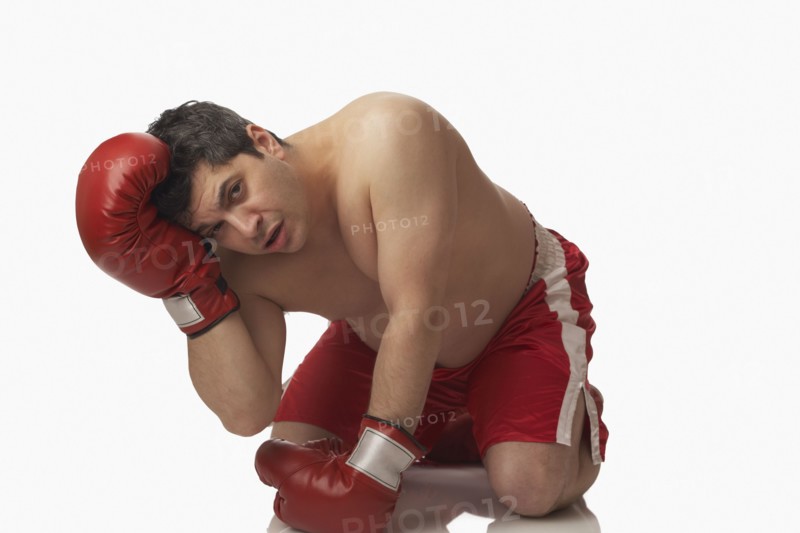 Overweight boxer kneeling on floor