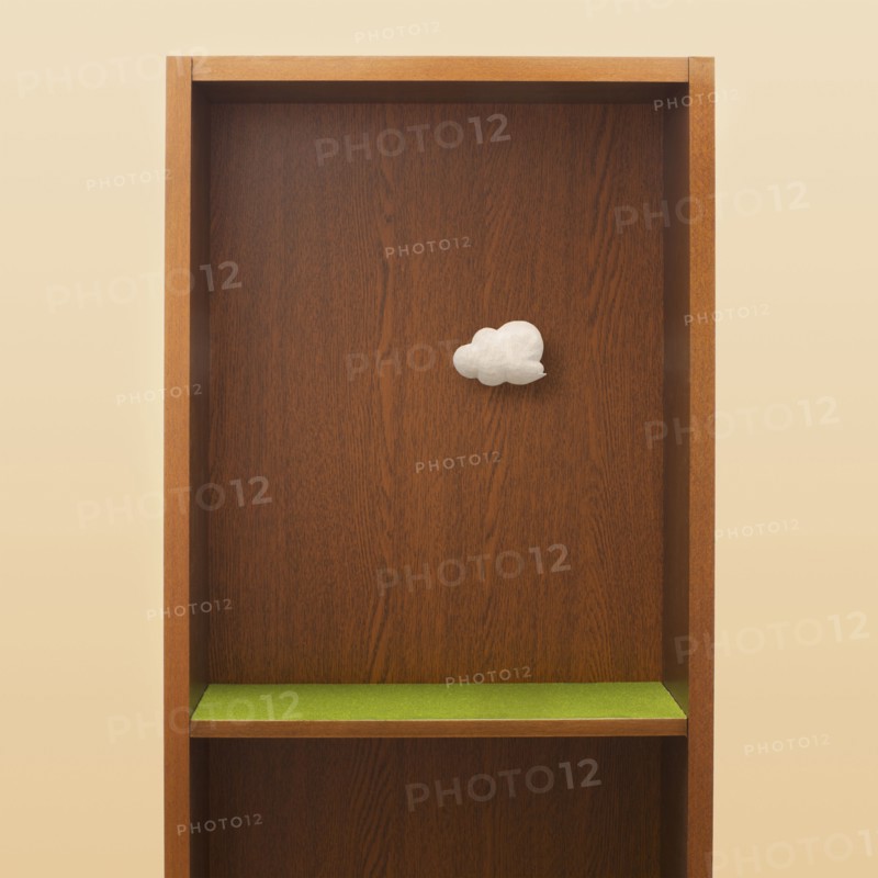 Cloud floating in empty bookshelf