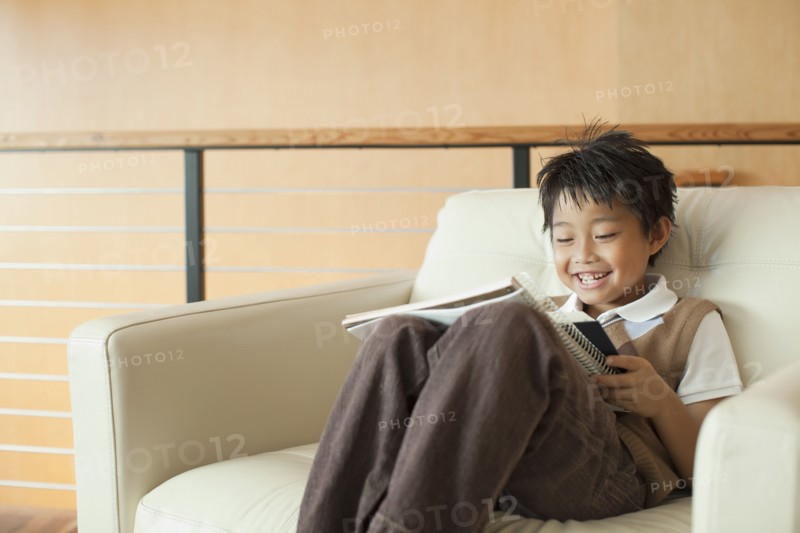 Mixed race boy reading book in armchair