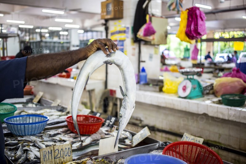 Seller holding fish for sale in market