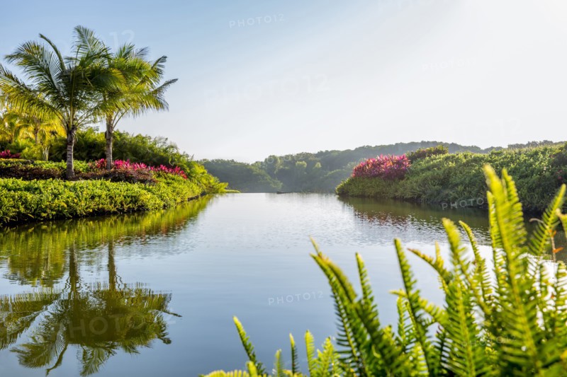 Sky reflected in still tropical lake