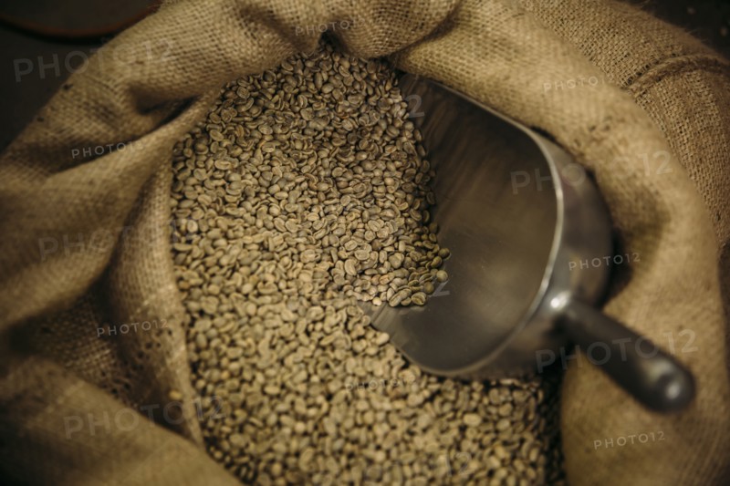 Close up of sack of raw coffee beans