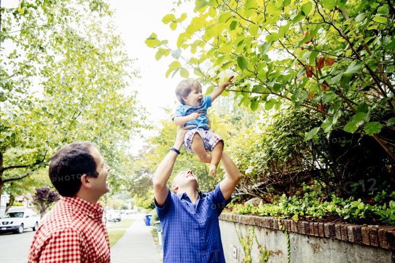 Father lifting baby son to tree branches