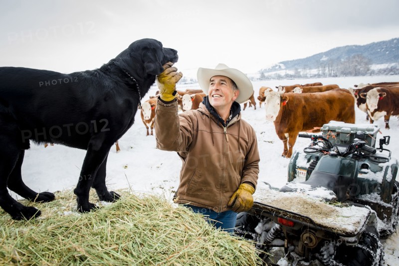 Caucasian farmer petting dog in snowy field