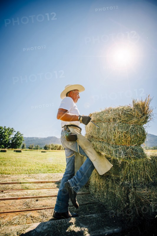 Caucasian farmer lifting bale of hay