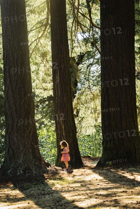Caucasian girl exploring near trees