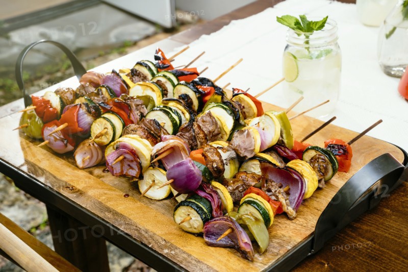 Meat and vegetables on skewers