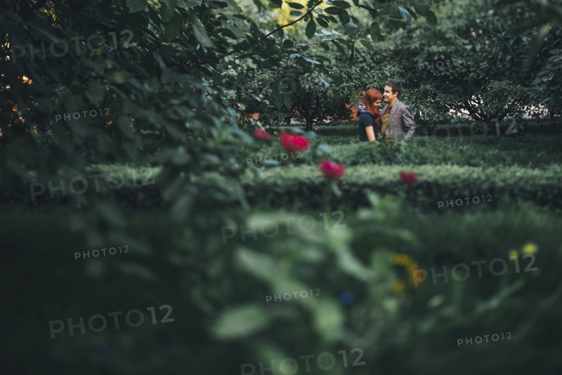 Distant Caucasian couple standing behind hedges