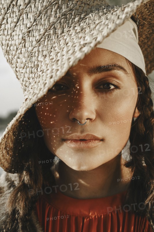 Close up of Caucasian woman with nose ring
