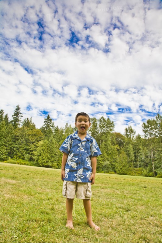 Mixed race boy standing in rural field
