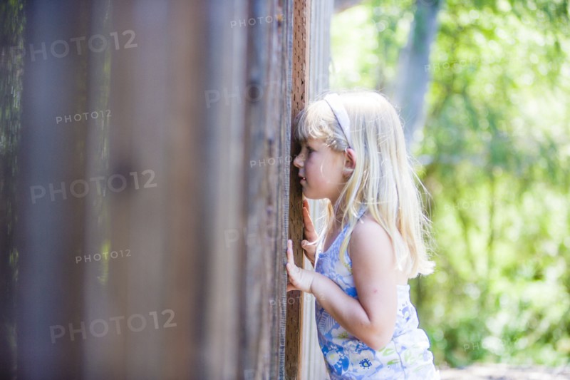 Curious Caucasian girl peeking through wooden fence