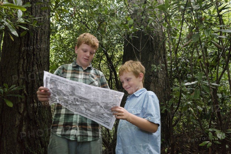 Caucasian boys reading map in forest