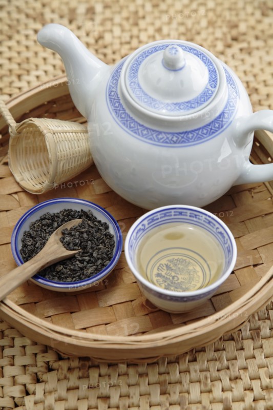 Chinese gunpowder tea service on tray