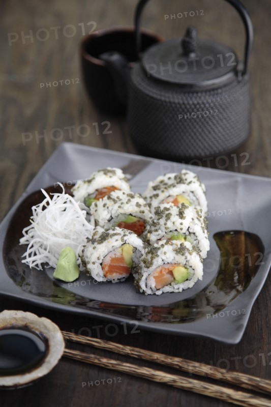 Sushi rolls and tea