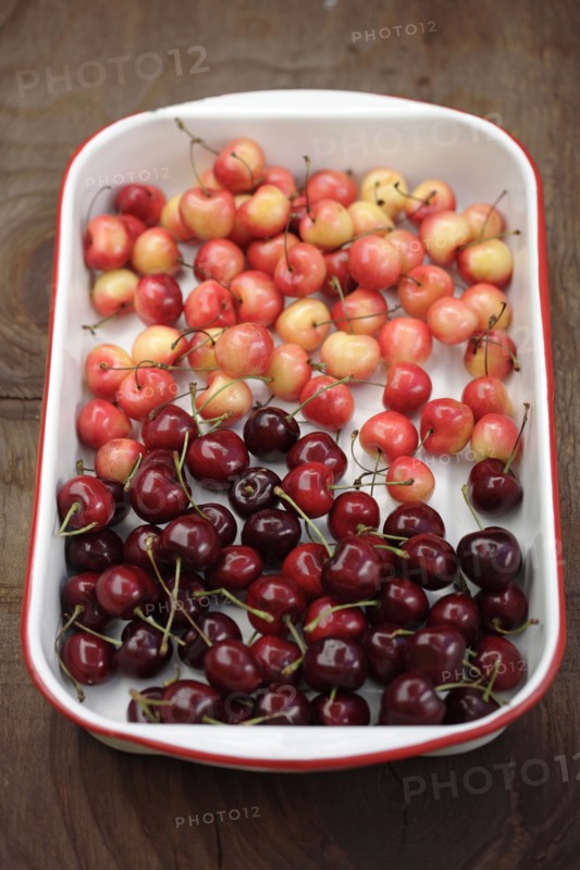 Rainier and bing cherries in pan