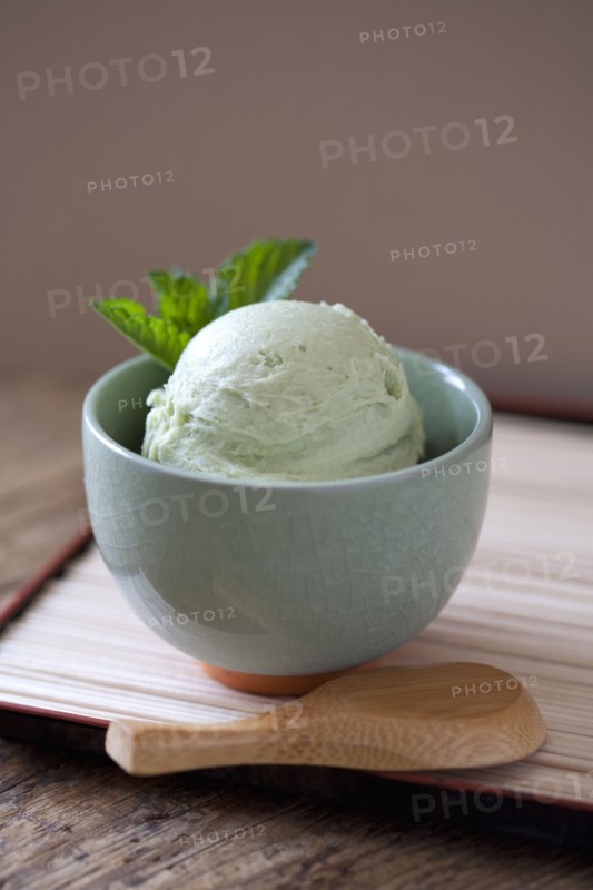 Close up of bowl of green tea ice cream