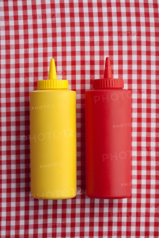 Close up of ketchup and mustard bottles