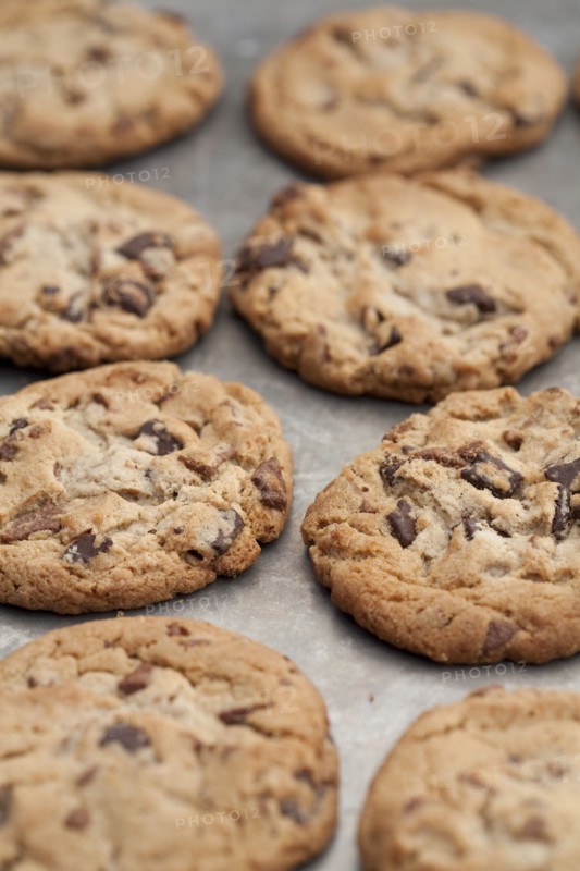 Close up of tray of chocolate chip cookies