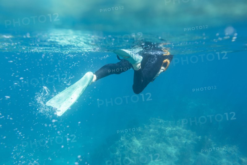 Caucasian woman snorkeling in tropical ocean