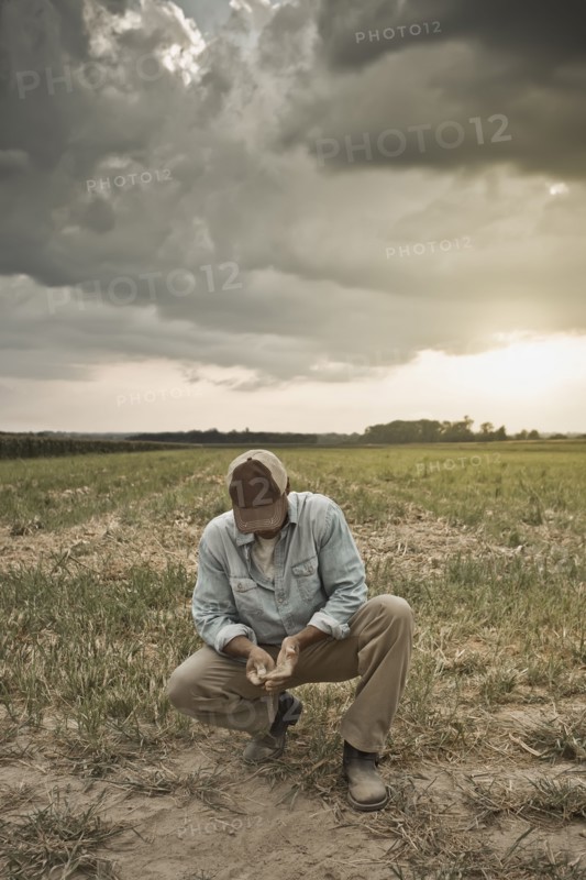 African American farmer checking dirt in field