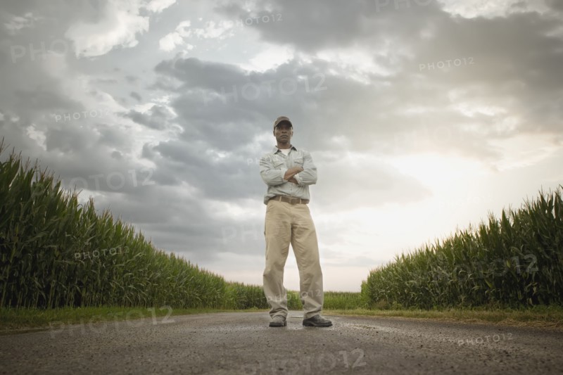 African American farmer standing on road through crops
