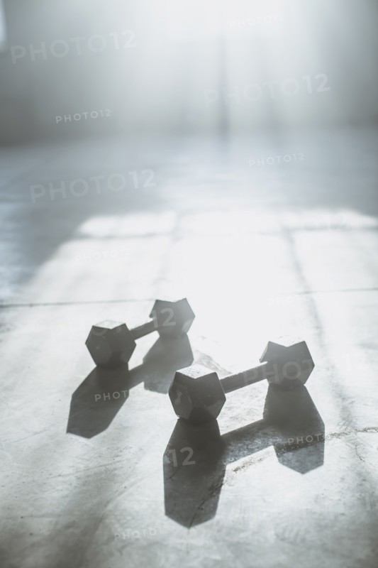 Dumbbell weights on floor in sunlight
