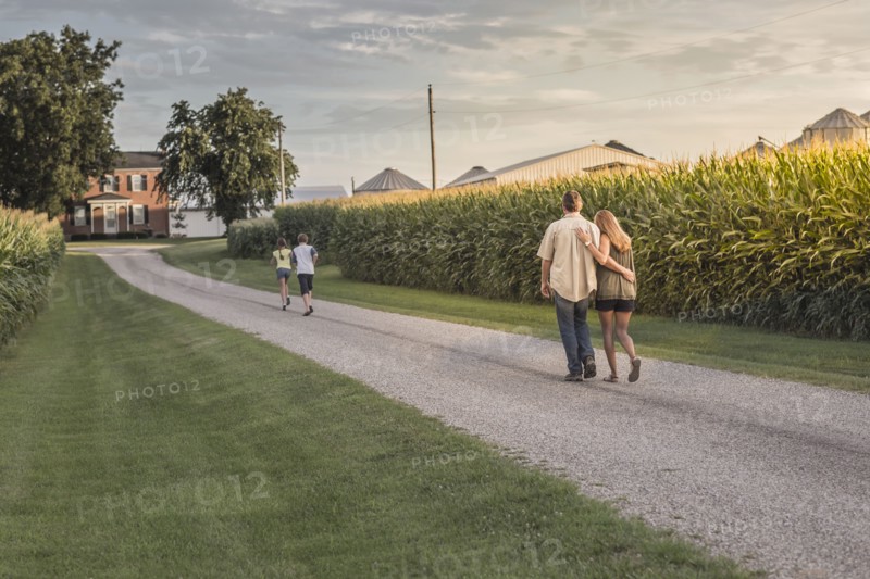 Caucasian family walking on dirt path by corn field