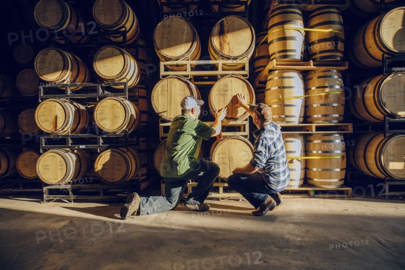 Caucasian men examining barrel in distillery