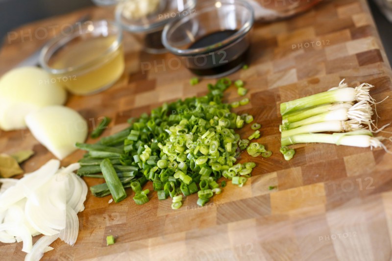 Chopped onions on cutting board