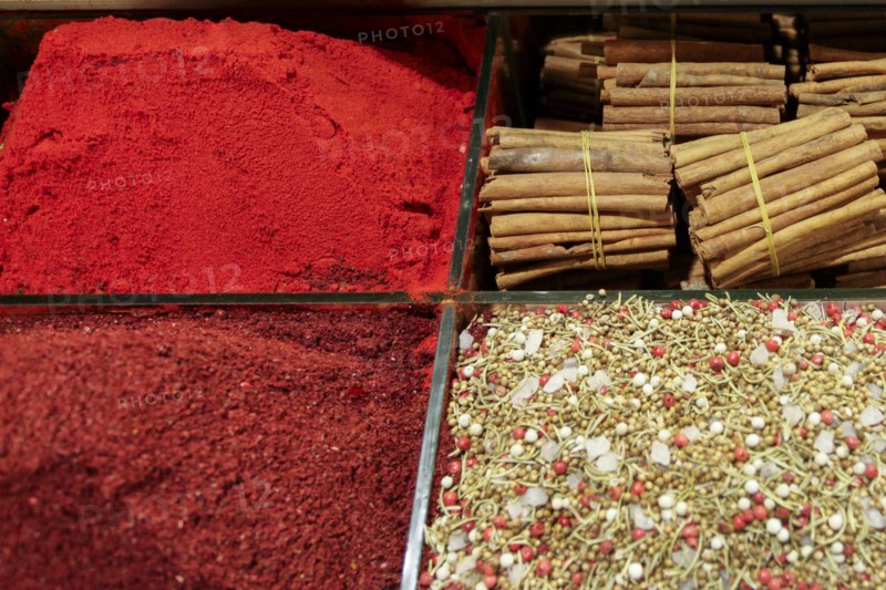 Spices in bins at market