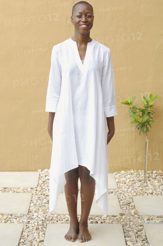 African American woman standing on flagstone