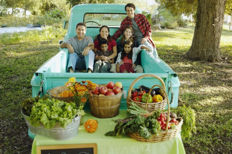 Multi-ethnic family in truck at farm stand