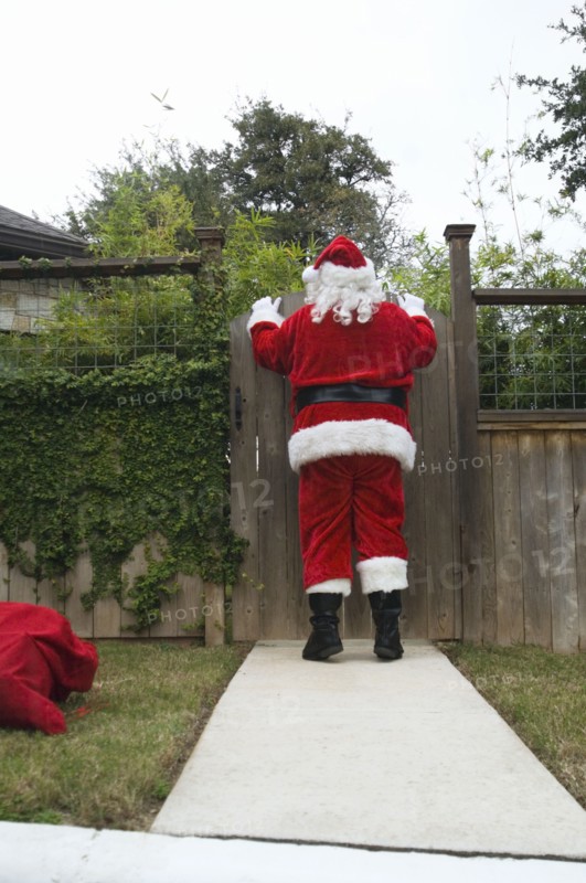Santa peering over fence gate