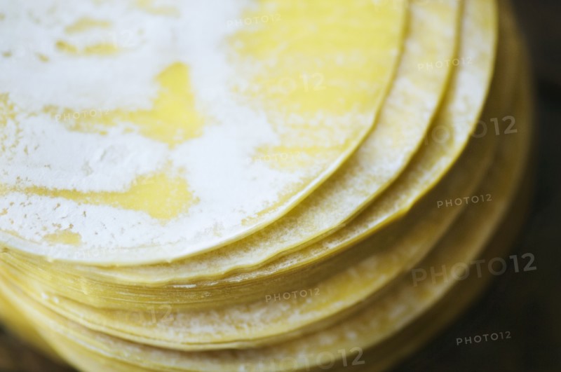 Close up of dumpling wrappers in a stack