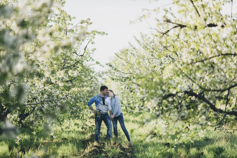 Caucasian couple holding hands under flowering trees