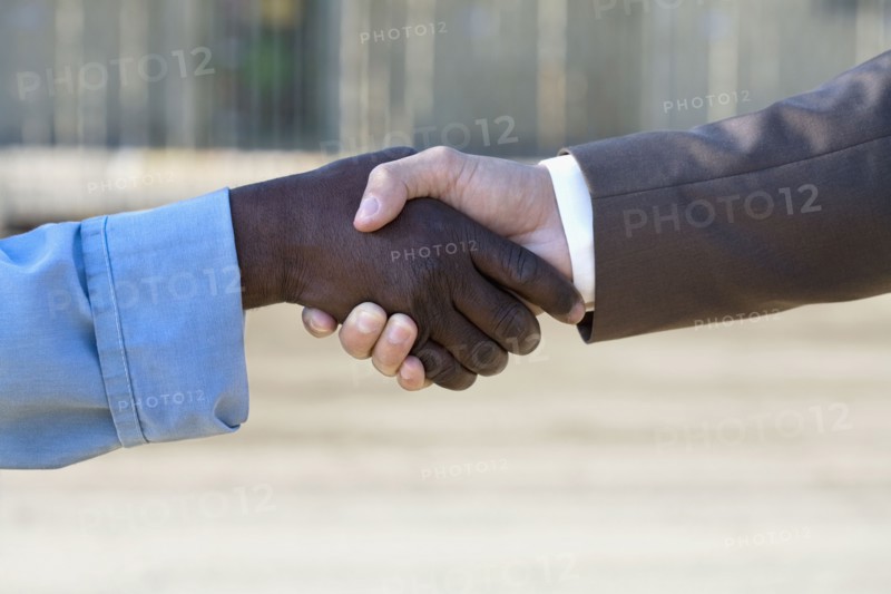 Multi-ethnic businessman and construction worker shaking hands