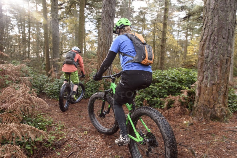 Caucasian couple riding bicycles in forest