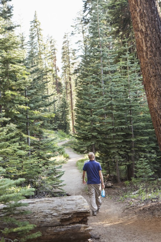 Man hiking on dirt trail in forest