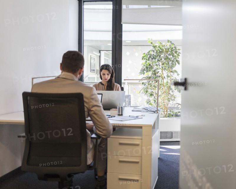 Caucasian business people working at desks in office