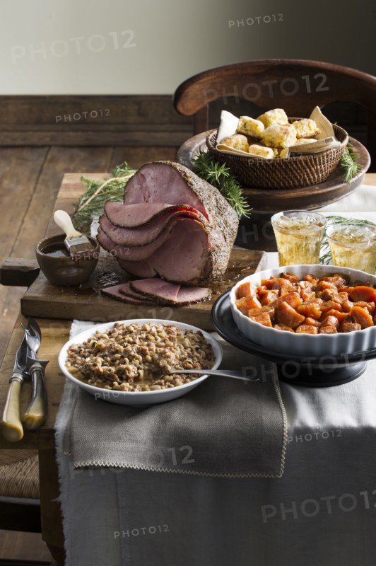 Sliced ham on buffet table