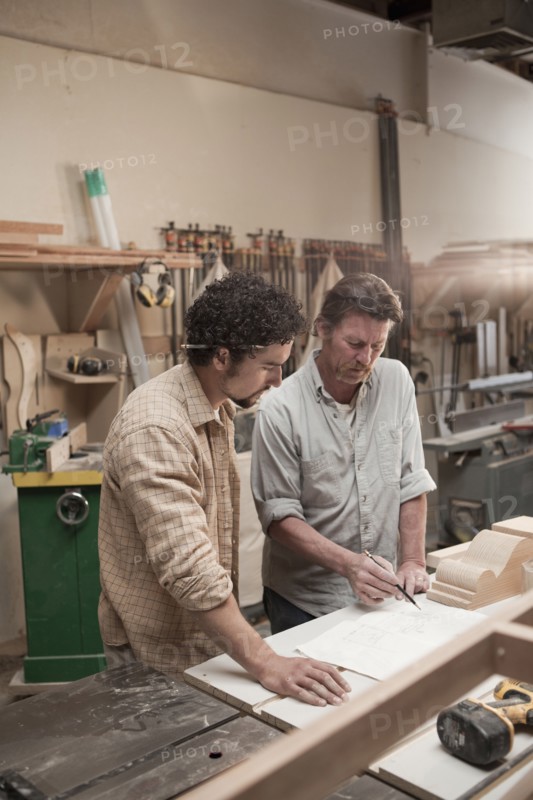 Co-workers woodworking in workshop