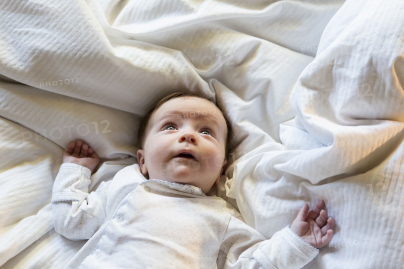 Caucasian baby boy laying in bed