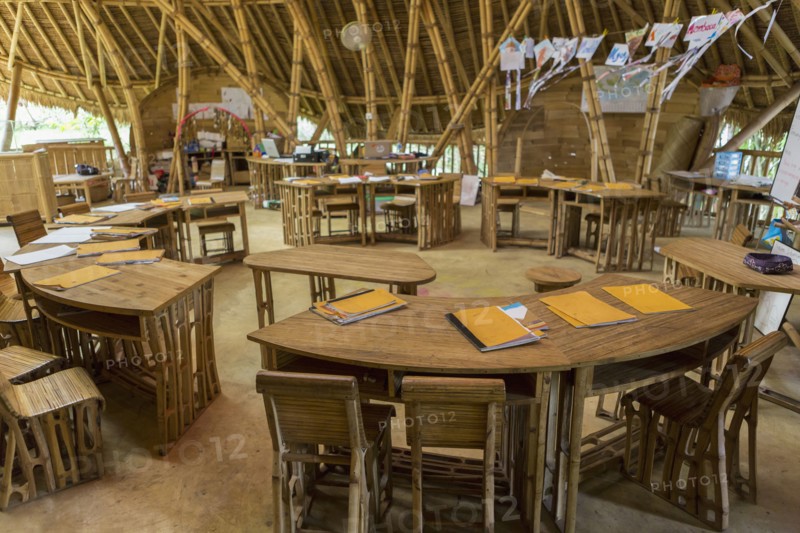 Circular desks in bamboo classroom