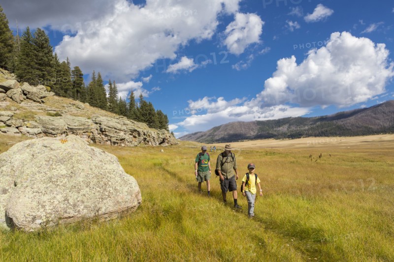 Caucasian men and boy hiking in grassy remote landscape
