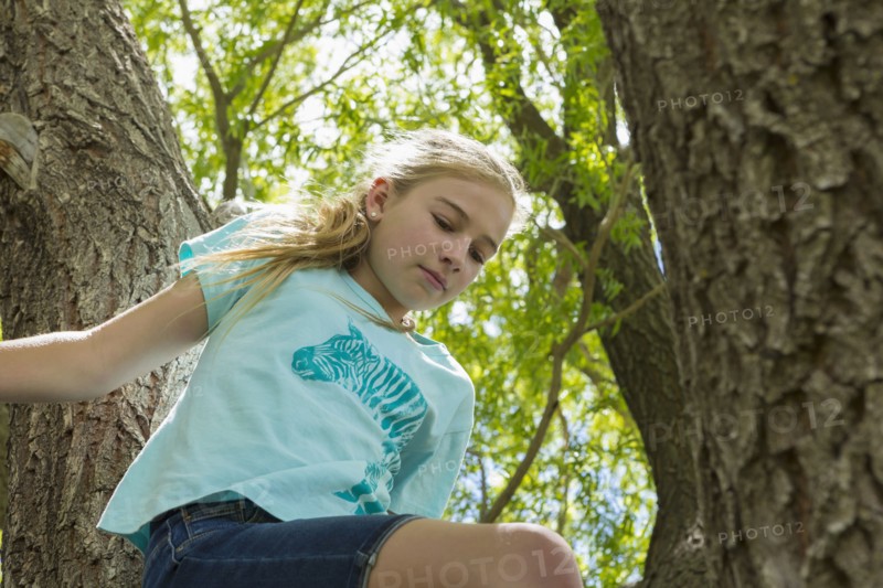 Caucasian girl climbing tree