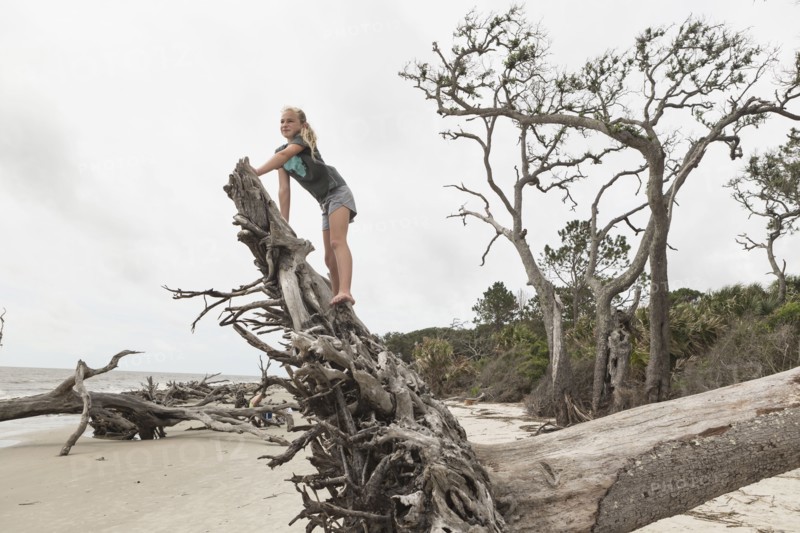Caucasian girl climbing on driftwood on beach