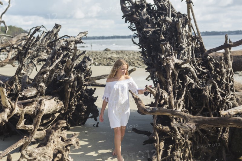 Caucasian girl admiring driftwood on beach