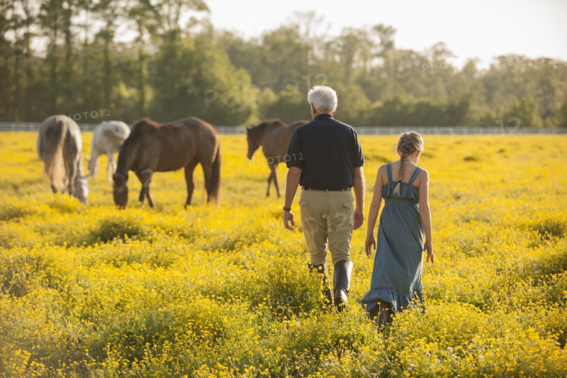 Caucasian man and granddaughter in field with horses