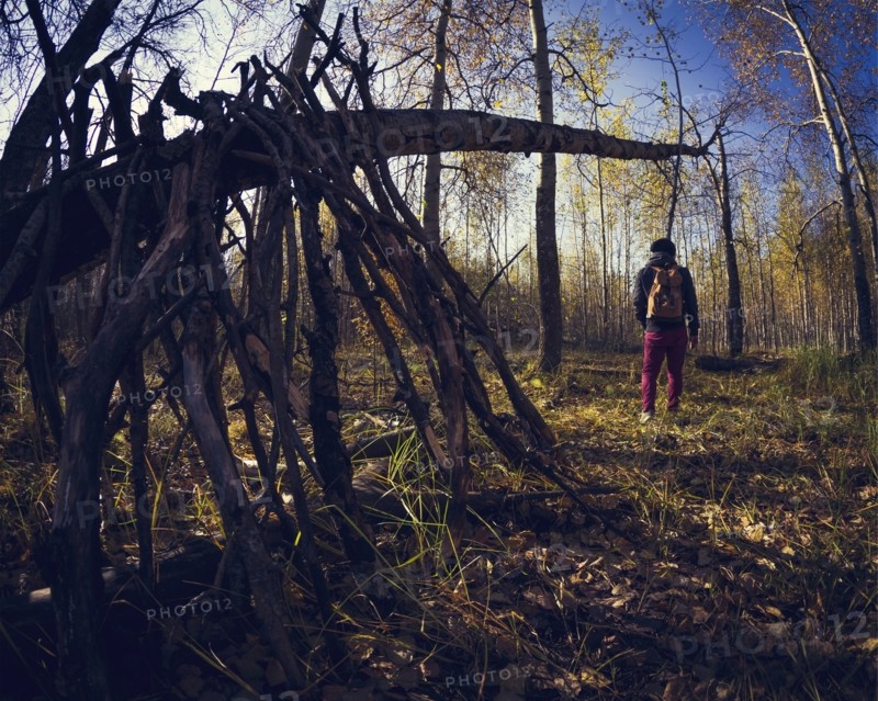 Man standing near wooden shelter in forest