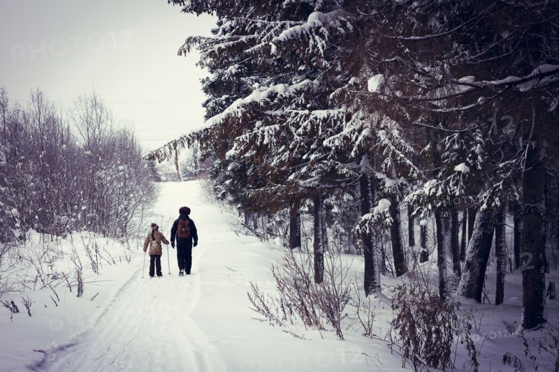 Caucasian father and daughter cross-country skiing on snowy road
